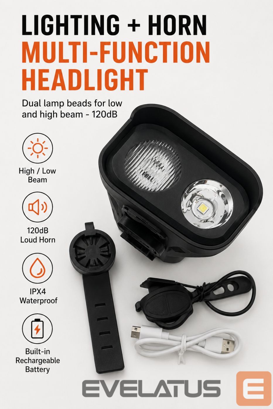 Jalgratta tarvik iLike JOHORSE Rechargeable Bike Light with 120dB Horn, USB Rechargeable LED Bicycle Headlight, High/Low Beam, IPX4 Waterproof, Front Cycling Light Black