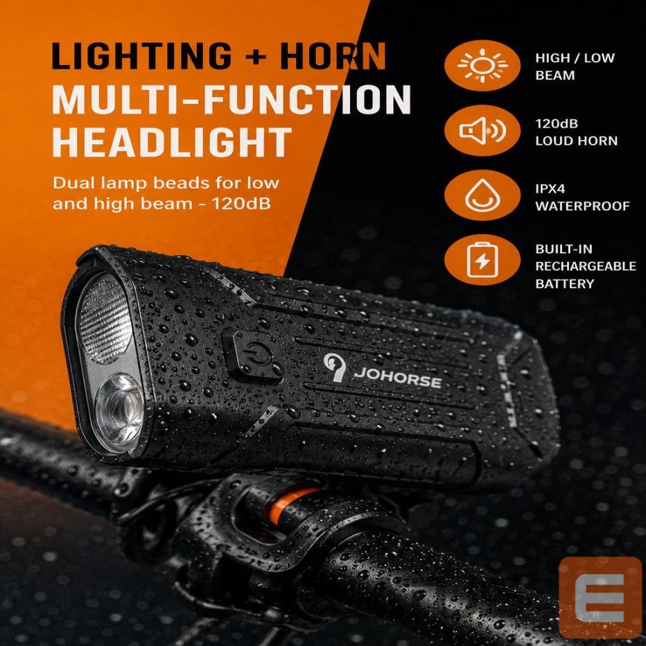 Jalgratta tarvik iLike JOHORSE Rechargeable Bike Light with 120dB Horn, USB Rechargeable LED Bicycle Headlight, High/Low Beam, IPX4 Waterproof, Front Cycling Light Black