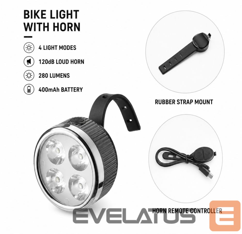 Jalgratta tarvik iLike Rechargeable Bike Headlight with 120dB Horn, 280 Lumens, 4 Light Modes, USB Rechargeable, Wireless Remote Control