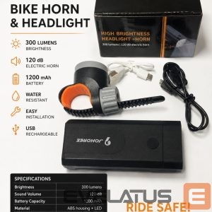 Jalgratta tarvik iLike  JOHORSE Bike Headlight & Electric Horn – 300 Lumens, 120dB, USB Rechargeable 