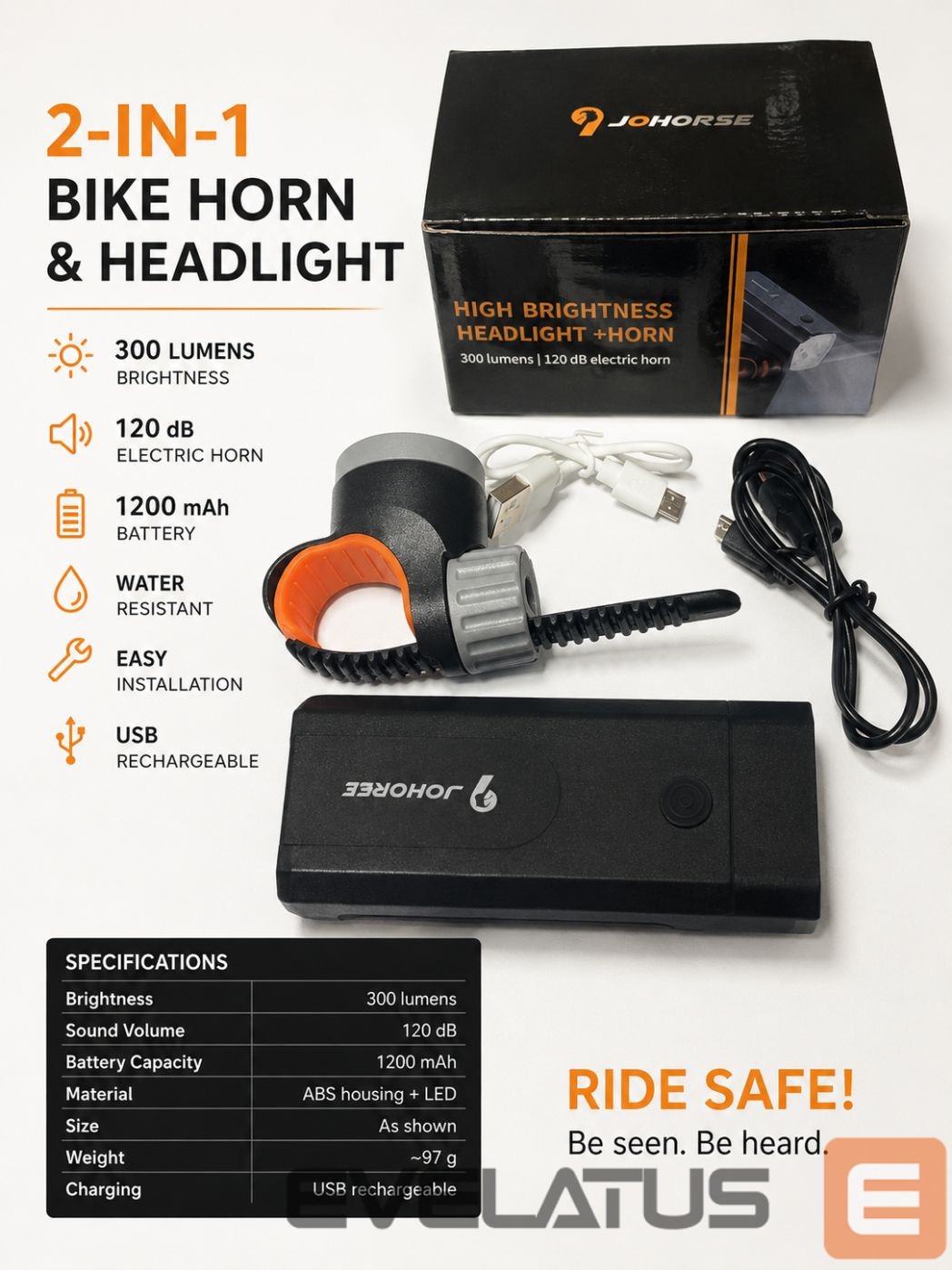 Jalgratta tarvik iLike JOHORSE Bike Headlight & Electric Horn – 300 Lumens, 120dB, USB Rechargeable