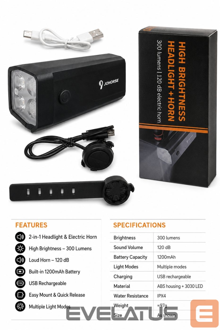 Jalgratta tarvik iLike Rechargeable Bicycle Headlight with 120dB Electric Horn, 300 Lumens LED Bike Light, USB Rechargeable, Handlebar Remote Switch