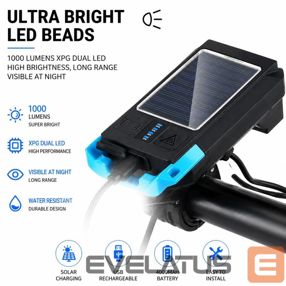 Jalgratta tarvik iLike Solar Powered Bike Headlight with 120dB Horn, USB Rechargeable, 1000LM LED Bicycle Front Light, 4000mAh Battery, Emergency Warning Light