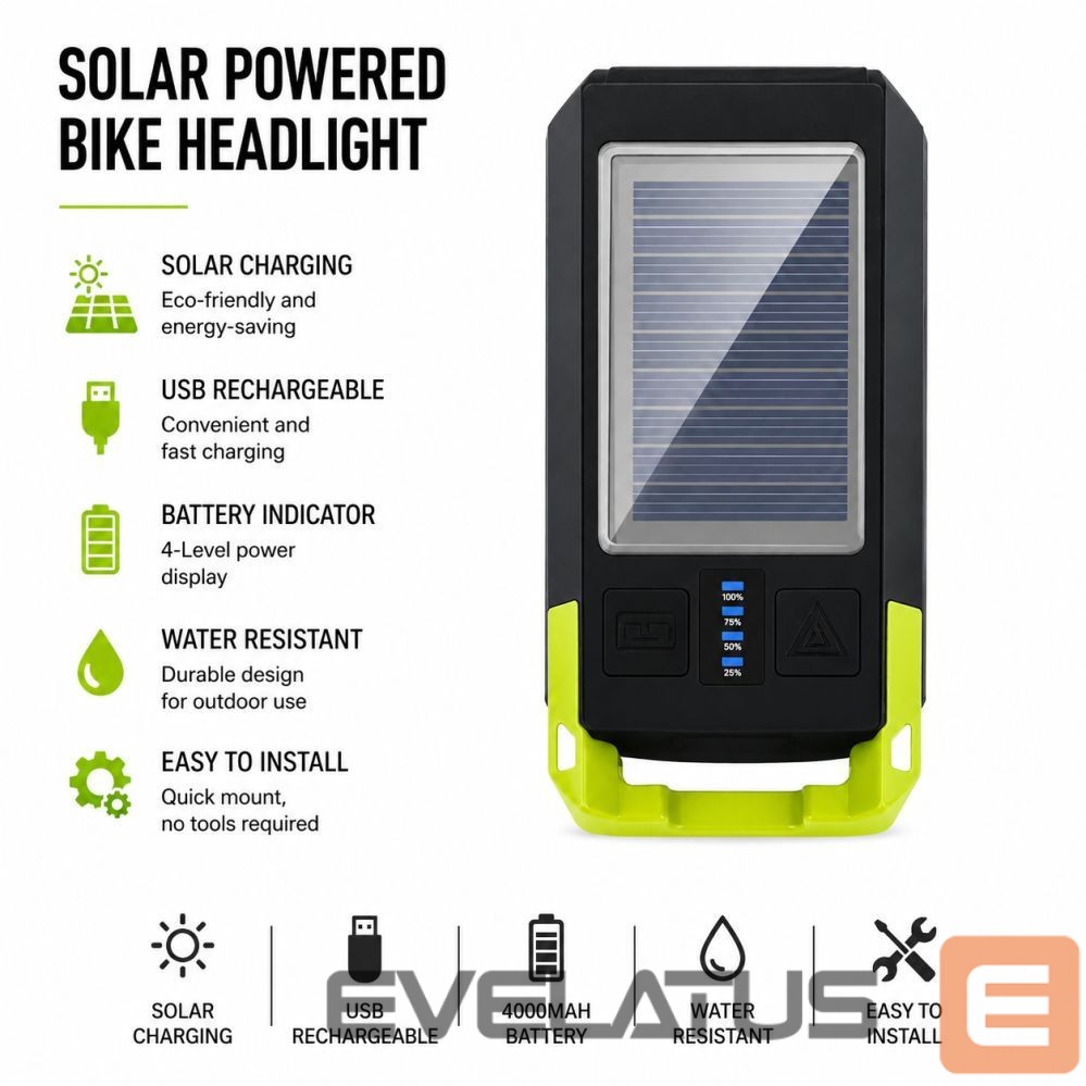 Jalgratta tarvik iLike Solar Powered Bike Headlight with 120dB Horn, USB Rechargeable, 1000LM LED Bicycle Front Light, 4000mAh Battery, Emergency Warning Light