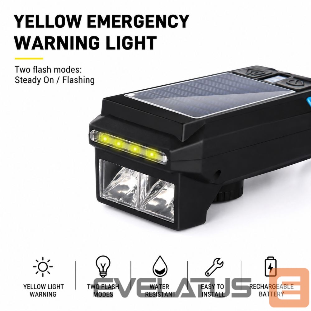 Jalgratta tarvik iLike Solar Powered Bike Headlight with 120dB Horn, USB Rechargeable, 1000LM LED Bicycle Front Light, 4000mAh Battery, Emergency Warning Light
