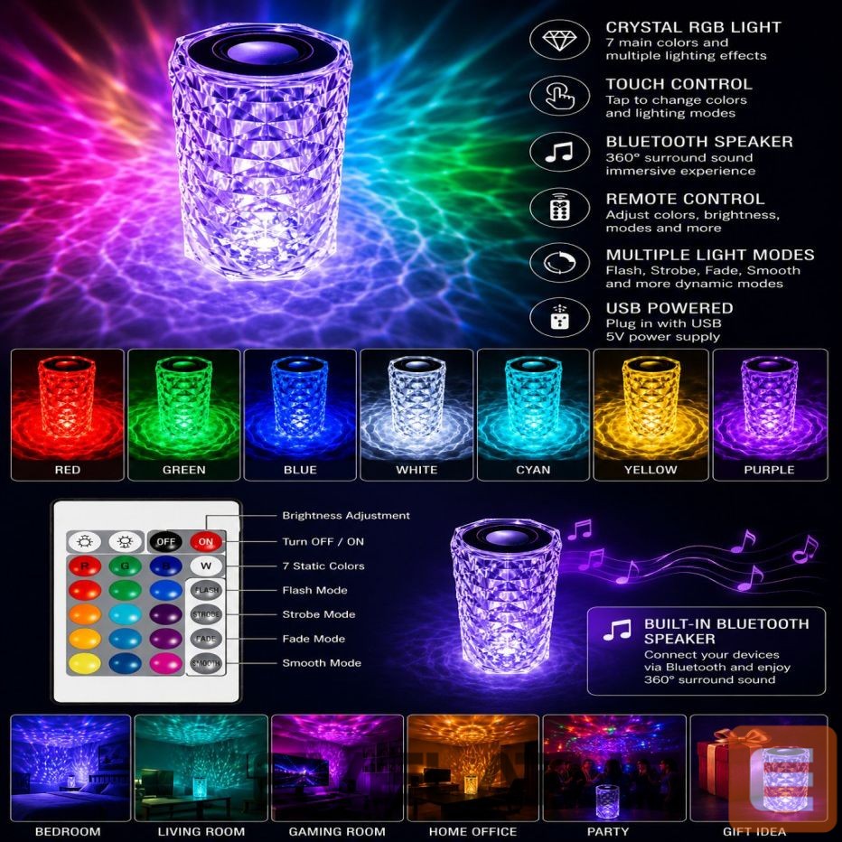 Laualamp iLike Crystal Touch RGB LED Lamp with Bluetooth Speaker, Ambient Night Light, Remote Control
