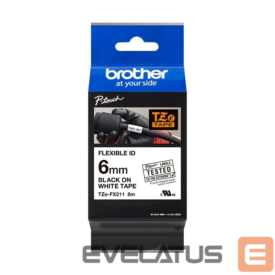 Tarvikud ja tarvikud Brother | TZe-FX211 Flexible ID Laminated Tape | Black on White | TZe | 8 m | 0.6 cm