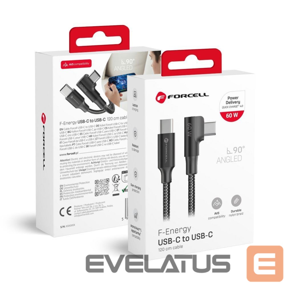 Kaabel Forcell Cable USB C to USB C Forcell F-Energy QC4.0 PD 5A 100W Cafule 90° 2 m CC-1Deg black